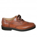 Zapato oxford con cordones y decoraciones a punta de ala para mujer en piel cognac tacon 3 - Tallas disponibles:  43