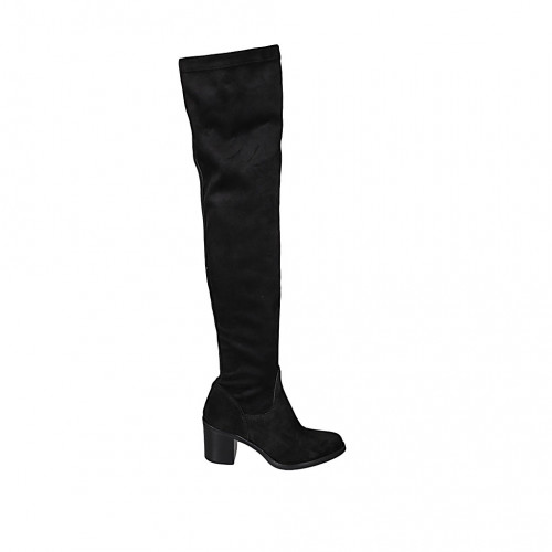 Botas sobre la rodilla para mujer en gamuza y material elastico negro tacon 7 - Tallas disponibles:  34, 43
