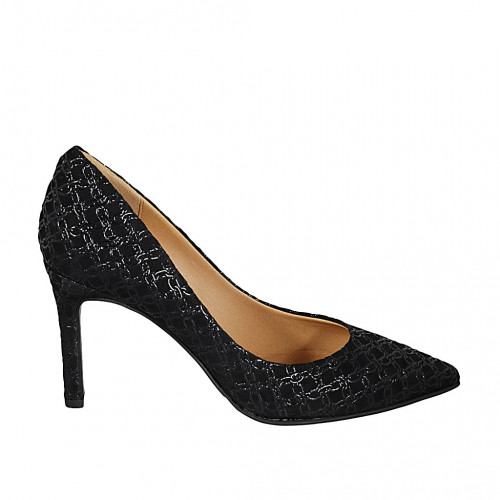 Woman's pump in black printed suede...