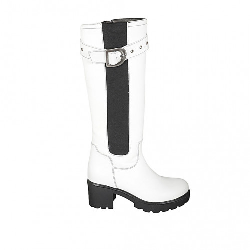 Bota para mujer con hebilla, elastico y cremallera en piel blanca tacon 6 - Tallas disponibles:  42, 43