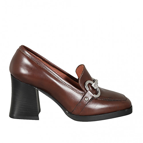 Woman's loafer with accessory in brown leather heel 8 - Available sizes:  43