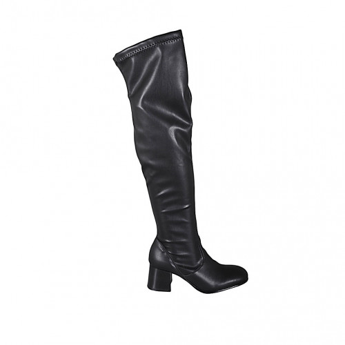 Woman's over-the-knee boot in black elastic material and leather with half zipper heel 6 - Available sizes:  33, 34, 43
