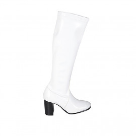 Woman's boot in white elastic material and patent leather with half zipper heel 8 - Available sizes:  42