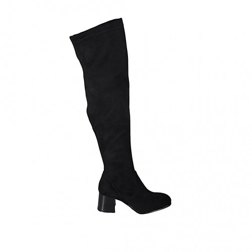 Bottes au dessus de genou pour femmes en daim et matériau elastique noir avec demi fermeture éclair talon 6 - Pointures disponibles:  32, 33, 43