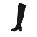Botas sobre la rodilla para mujer en gamuza y material elastico negro con media cremallera tacon 6 - Tallas disponibles:  32, 33, 43