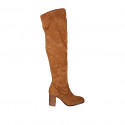 Botas sobre la rodilla para mujer en gamuza y material elastico cognac con media cremallera tacon 8 - Tallas disponibles:  42