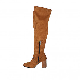 Woman's over-the-knee boot in cognac brown elastic material and suede with half zipper heel 8 - Available sizes:  42 2