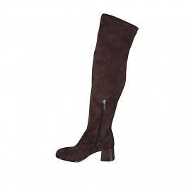 Bottes au dessus de genou pour femmes en daim et matériau elastique marron avec demi fermeture éclair talon 6 - Pointures disponibles:  32, 34, 43 2