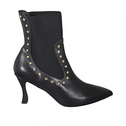 Woman's pointy ankle boot with studs and elastic band in black leather heel 9 - Available sizes:  42