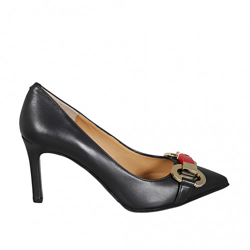 Zapato de salon en piel negra para mujer con accessorio tacon 8 - Tallas disponibles:  31, 32