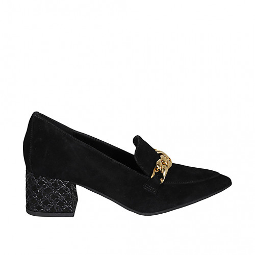 Mocasín puntiagudo para mujer con accesorio en gamuza y charol imprimido negro tacon 5 - Tallas disponibles:  43