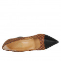 Woman's pointy pump shoe in black leather and cognac and brown printed suede heel 8 - Available sizes:  42