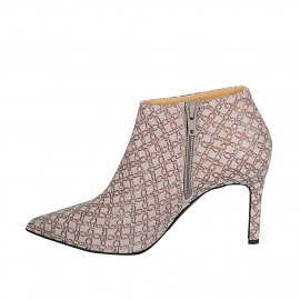 Woman's ankle boot with zipper in taupe printed suede and patent leather heel 9 - Available sizes:  32, 42 2