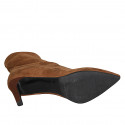Woman's pointy ankle boot in cognac brown elastic suede heel 8 - Available sizes:  42