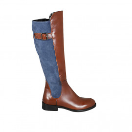 Woman's boot with zipper and buckle in cognac brown leather and light blue suede heel 3 - Available sizes:  42