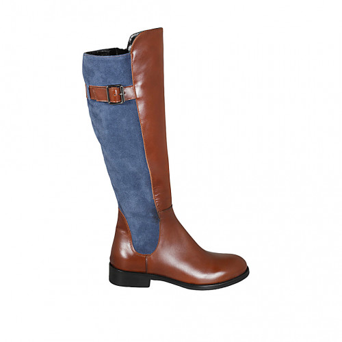 Bottes pour femmes avec fermeture éclair et boucle en cuir cognac et daim bleu clair talon 3 - Pointures disponibles:  42