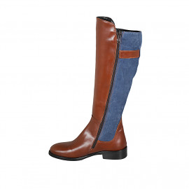 Bota para mujer con cremallera y hebilla en piel cognac y gamuza azul claro tacon 3 - Tallas disponibles:  42 2
