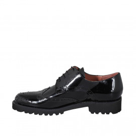 Zapato derby con cordones y decoracion Brogue en charol negro para mujer tacon 3 - Tallas disponibles:  44, 45 2