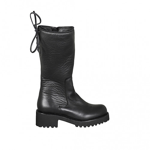 Woman's boot with zipper and backside laces in black leather heel 5 - Available sizes:  42, 43