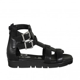 Woman's open shoe with zipper and buckles in black leather wedge heel 3 - Available sizes:  32