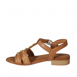 Woman's sandal with studs and strap in cognac brown leather heel 2 - Available sizes:  32 2