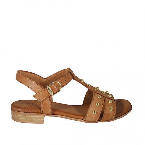 Sandale pour femmes avec goujons et courroie en cuir cognac talon 2 - Pointures disponibles:  32
