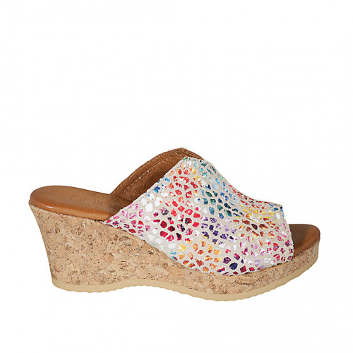 Woman's platform mules in multicolored printed suede wedge heel 7 - Available sizes:  42