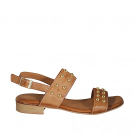 Woman's sandal with studs in cognac brown leather heel 2 - Available sizes:  32, 42