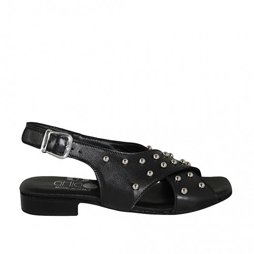 Woman's sandal with studs in black leather heel 2 - Available sizes:  32, 33