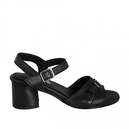 Woman's strap sandal with buckle in black leather heel 5 - Available sizes:  42, 43
