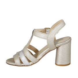 Sandalia para mujer en piel laminada platino y plateada con cinturon tacon 7 - Tallas disponibles:  32, 42, 43 2
