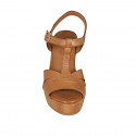 Woman's sandal with strap in cognac brown leather wedge heel 9 - Available sizes:  42