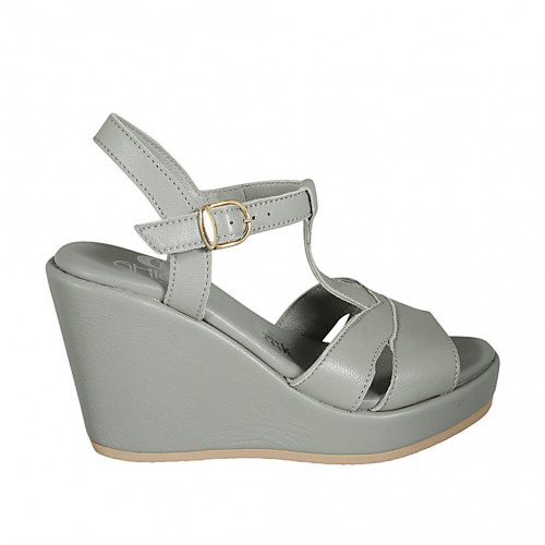 Woman's sandal with strap in sage green leather wedge heel 9 - Available sizes:  42, 43