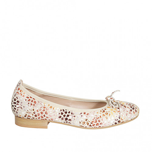 Ballerina da donna con fiocco e puntale in camoscio beige stampato multicolor tacco 2 - Misure disponibili: 32