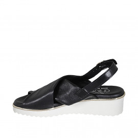Woman's sandal in black leather wedge heel 4 - Available sizes:  43 2