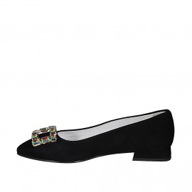 Zapato de salon puntiagudo en gamuza negra para mujer con accesorio estras tacon 1 - Tallas disponibles:  32 2