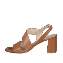 Woman's sandal in cognac brown leather heel 8 - Available sizes:  42, 43 2