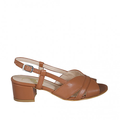 Sandalia para mujer en piel cognac tacon 5 - Tallas disponibles:  44