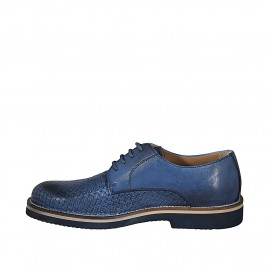 Man's laced derby shoe in blue leather and braided leather - Available sizes:  46, 47, 50 2