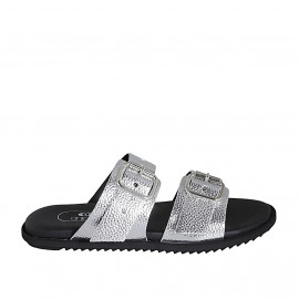 Sabot da donna con fibbie regolabili in pelle stampata laminata argento zeppa 1 - Misure disponibili: 42