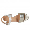 Woman's ankle strap sandal in platinum leather and camouflage printed leather heel 7 - Available sizes:  42, 43, 45