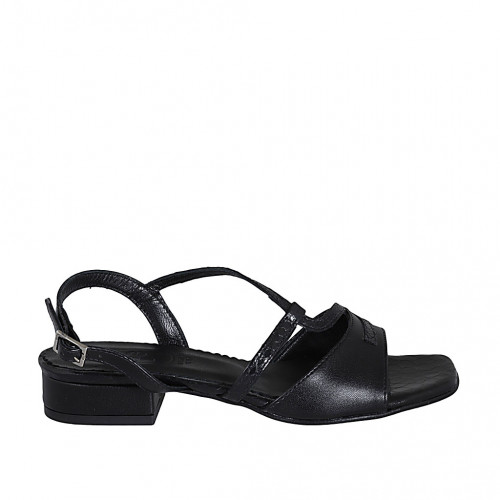 Woman's sandal in black laminated and printed leather heel 2 - Available sizes:  32, 33