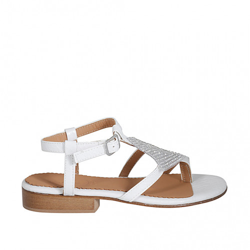 Sandalia de dedo en piel blanca con estrás y cinturon para mujer tacon 2 - Tallas disponibles:  32, 43