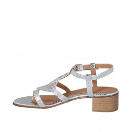 Sandale entredoigt pour femmes en cuir verni imprimé lamé argent avec strass et courroie talon 4 - Pointures disponibles:  42, 44, 45, 46 2