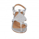 Woman's thong sandal in silver printed laminated patent leather with rhinestones and strap heel 4 - Available sizes:  42, 44, 45, 46