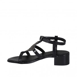 Sandalia en charol imprimido negro con estrás y cinturon para mujer tacon 4 - Tallas disponibles:  42, 43, 44 2