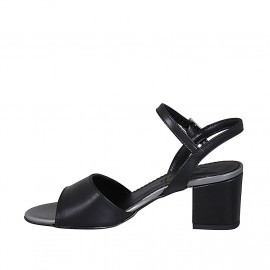 Woman's strap sandal in black leather and silver laminated leather heel 5 - Available sizes:  44 2