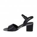 Woman's strap sandal in black leather and silver laminated leather heel 5 - Available sizes:  44