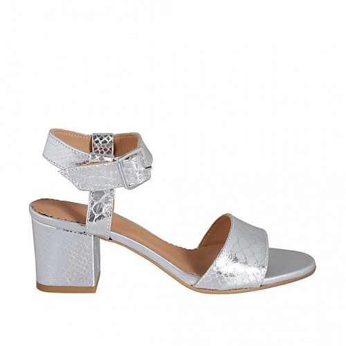 Woman's sandal in silver printed laminated patent leather with strap heel 5 - Available sizes:  44, 46