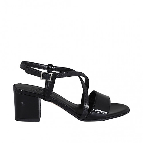 Sandale pour femmes en cuir verni et cuir imprimé noir talon 5 - Pointures disponibles:  31, 43, 46